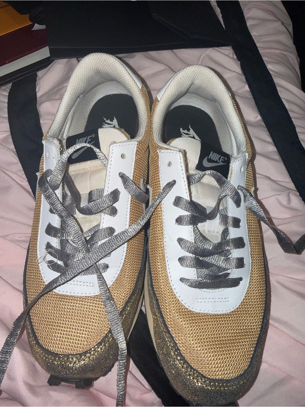 Nike Women’s Gold Tan, White & Gray Mesh Retro Sneakers